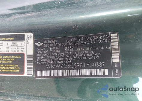 2011 Mini Cooper S Clubman z USA, uszkodzony, nr VIN WMWZG3C59BTY30387